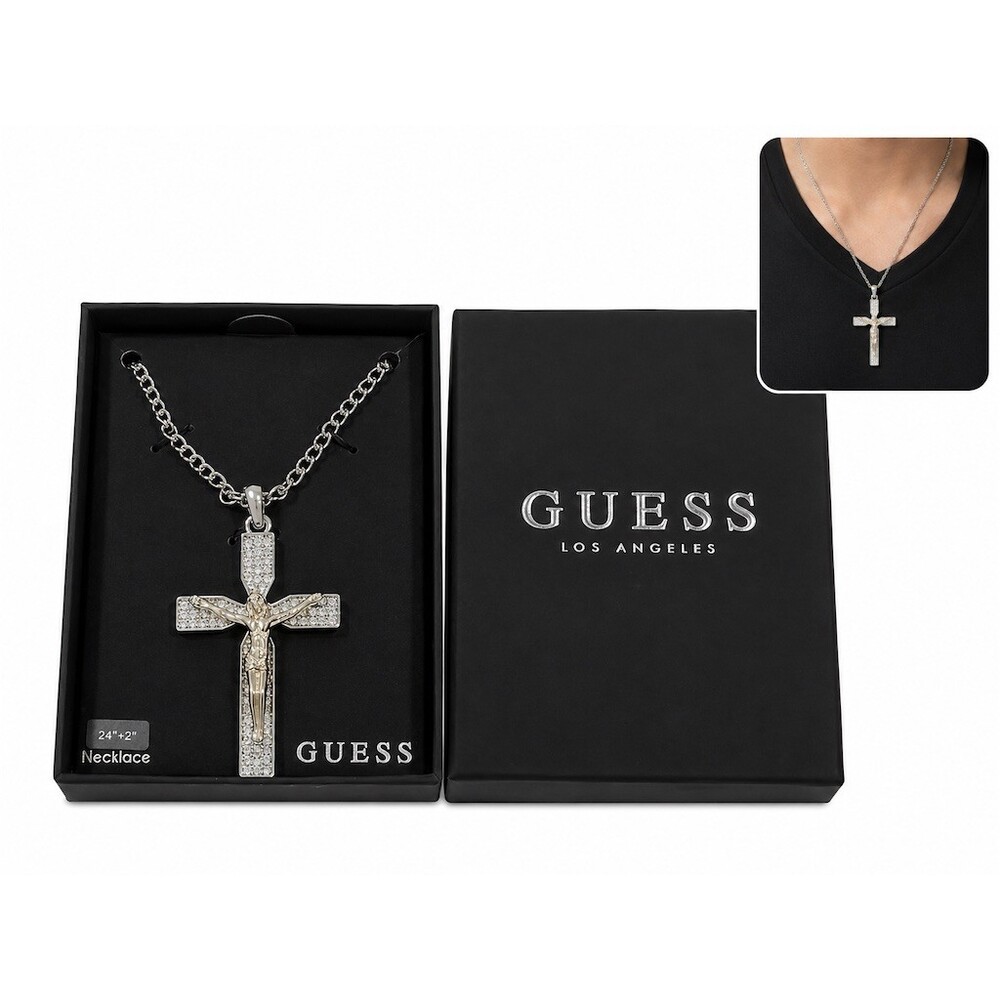 GUESS Silver Crucifix Cross Pendant Necklace Crystal Accents 24in +2in gift Box